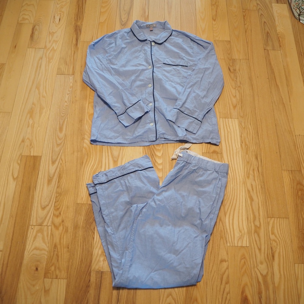 J.Crew 100% Cotton Long Sleeve Button Front Pajama Set French Blue Navy Piped